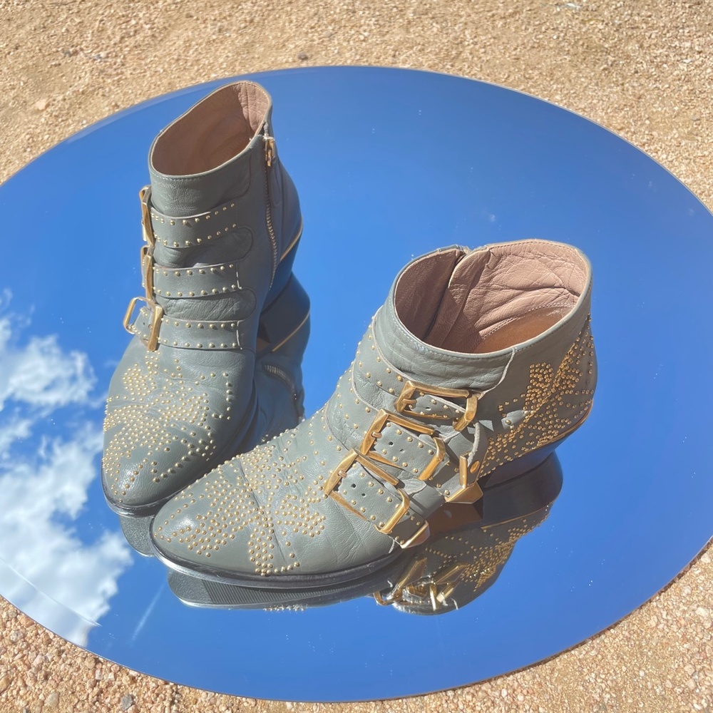 Chloe Susanna Ankle Bootie Grey Leather 36 / 6 Gold Studded Western Cowboy Boots